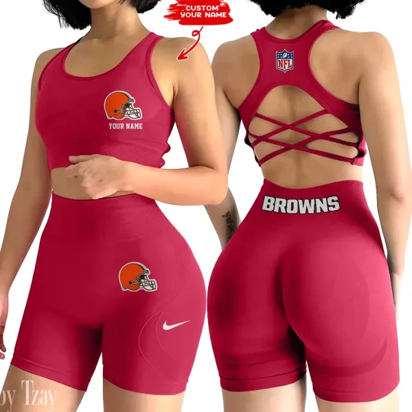 Cleveland Browns 2-PCS Women's Seamless Yoga Set Sexy Sport Bra High Waist Sports Shorts 2025 SPT2PWSYS008 - Image 5
