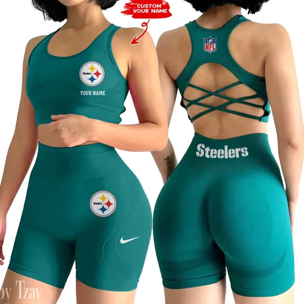 Pittsburgh Steelers 2-PCS Women's Seamless Yoga Set Sexy Sport Bra High Waist Sports Shorts 2025 SPT2PWSYS027 - Image 3