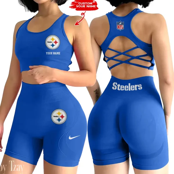 Pittsburgh Steelers 2-PCS Women's Seamless Yoga Set Sexy Sport Bra High Waist Sports Shorts 2025 SPT2PWSYS027 - Image 5