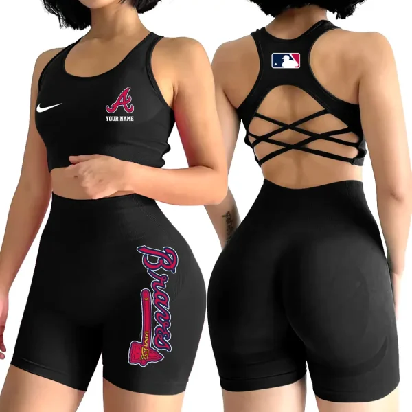 Atlanta Braves MLB 2-PCS Women's Seamless Yoga Set Sexy Sport Bra High Waist Sports Shorts 2025 SPT2PWSYS066