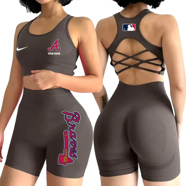 Atlanta Braves MLB 2-PCS Women's Seamless Yoga Set Sexy Sport Bra High Waist Sports Shorts 2025 SPT2PWSYS066 - Image 2