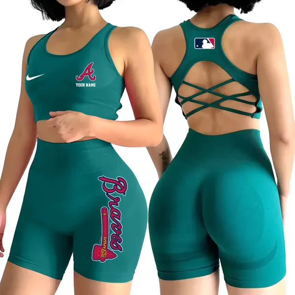 Atlanta Braves MLB 2-PCS Women's Seamless Yoga Set Sexy Sport Bra High Waist Sports Shorts 2025 SPT2PWSYS066 - Image 3