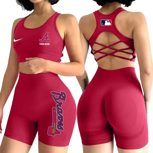 Atlanta Braves MLB 2-PCS Women's Seamless Yoga Set Sexy Sport Bra High Waist Sports Shorts 2025 SPT2PWSYS066 - Image 4