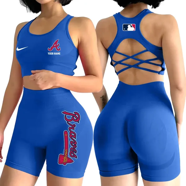 Atlanta Braves MLB 2-PCS Women's Seamless Yoga Set Sexy Sport Bra High Waist Sports Shorts 2025 SPT2PWSYS066 - Image 5