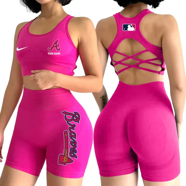 Atlanta Braves MLB 2-PCS Women's Seamless Yoga Set Sexy Sport Bra High Waist Sports Shorts 2025 SPT2PWSYS066 - Image 6