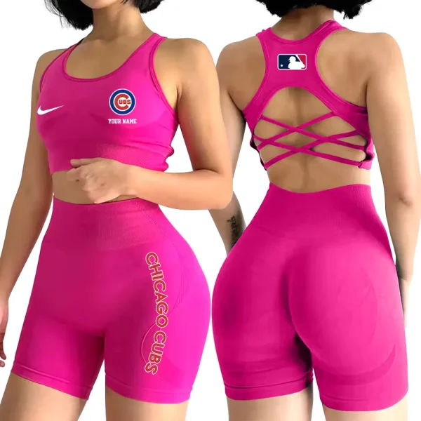 Chicago Cubs MLB 2-PCS Women's Seamless Yoga Set Sexy Sport Bra High Waist Sports Shorts 2025 SPT2PWSYS069 - Image 2
