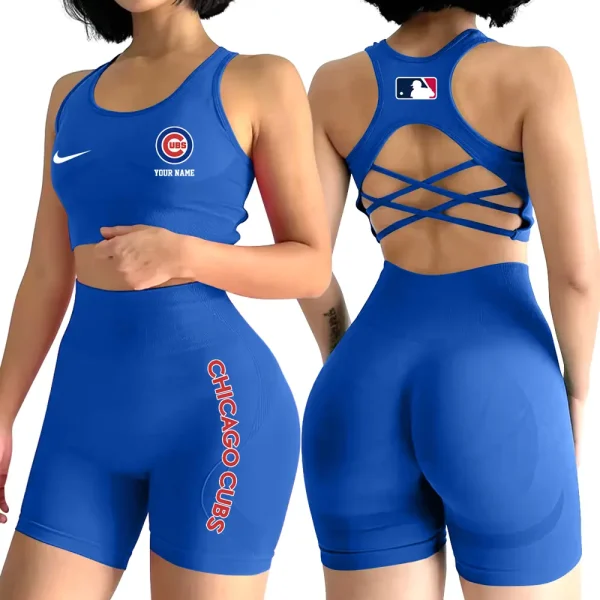 Chicago Cubs MLB 2-PCS Women's Seamless Yoga Set Sexy Sport Bra High Waist Sports Shorts 2025 SPT2PWSYS069 - Image 3