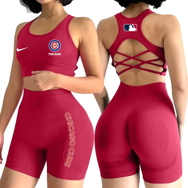Chicago Cubs MLB 2-PCS Women's Seamless Yoga Set Sexy Sport Bra High Waist Sports Shorts 2025 SPT2PWSYS069 - Image 4