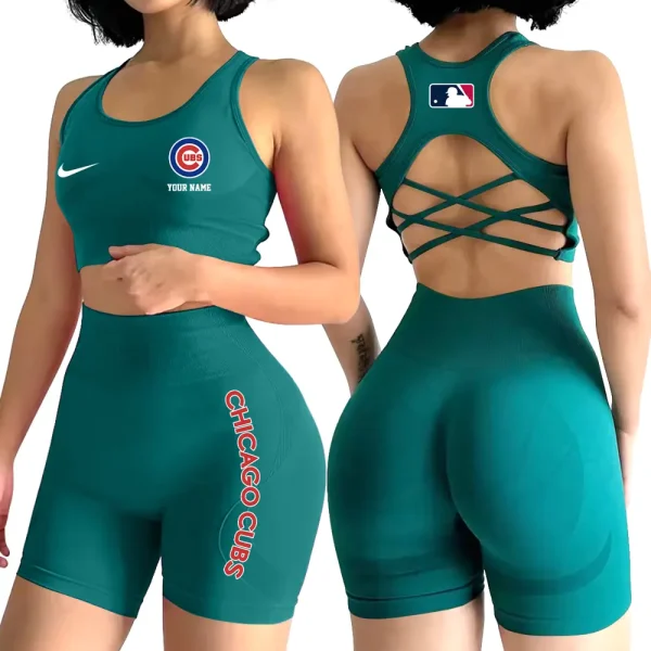 Chicago Cubs MLB 2-PCS Women's Seamless Yoga Set Sexy Sport Bra High Waist Sports Shorts 2025 SPT2PWSYS069 - Image 5