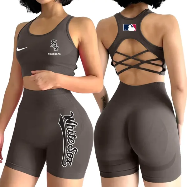 Chicago White Sox MLB 2-PCS Women's Seamless Yoga Set Sexy Sport Bra High Waist Sports Shorts 2025 SPT2PWSYS070 - Image 2