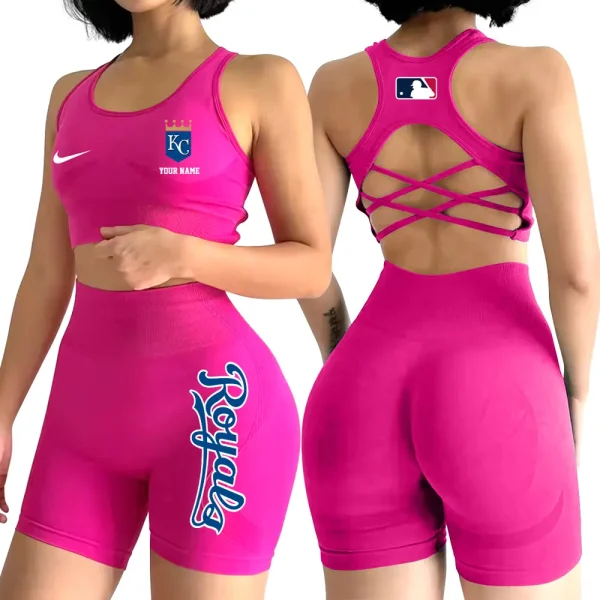 Kansas City Royals MLB 2-PCS Women's Seamless Yoga Set Sexy Sport Bra High Waist Sports Shorts 2025 SPT2PWSYS076 - Image 6