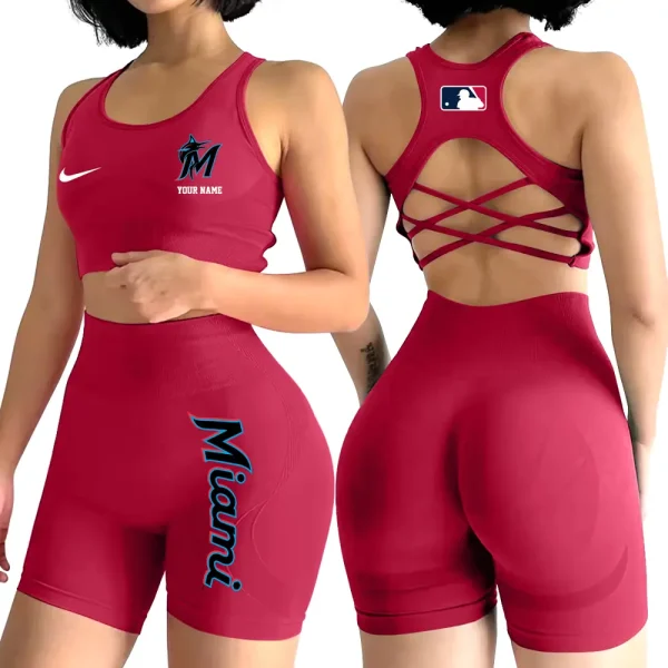 Miami Marlins MLB 2-PCS Women's Seamless Yoga Set Sexy Sport Bra High Waist Sports Shorts 2025 SPT2PWSYS079 - Image 4