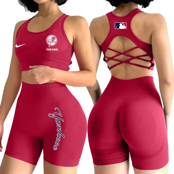 New York Yankees MLB 2-PCS Women's Seamless Yoga Set Sexy Sport Bra High Waist Sports Shorts 2025 SPT2PWSYS083 - Image 4
