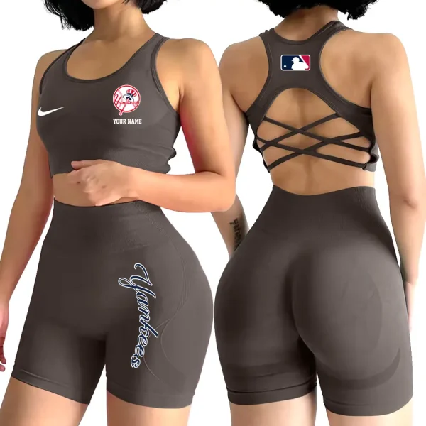 New York Yankees MLB 2-PCS Women's Seamless Yoga Set Sexy Sport Bra High Waist Sports Shorts 2025 SPT2PWSYS083 - Image 5