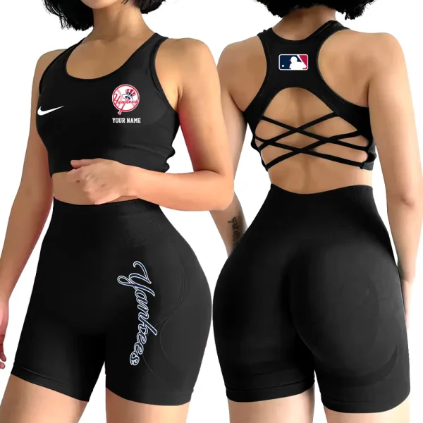 New York Yankees MLB 2-PCS Women's Seamless Yoga Set Sexy Sport Bra High Waist Sports Shorts 2025 SPT2PWSYS083 - Image 6