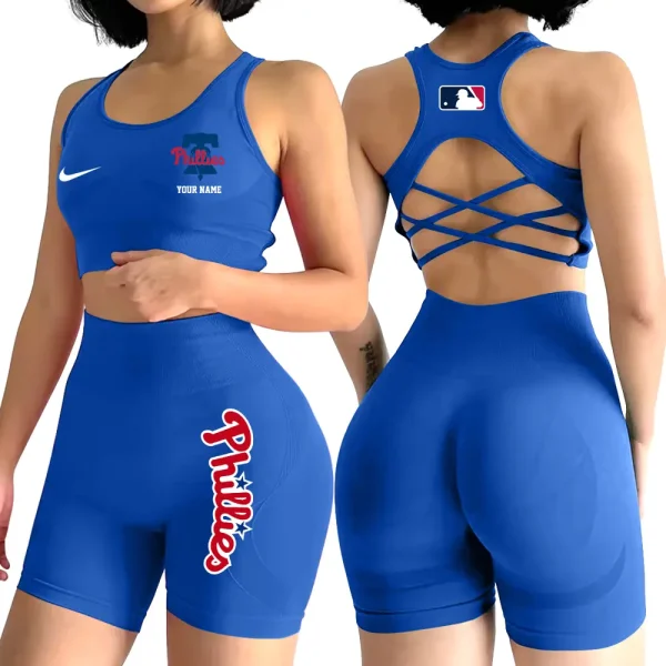 Philadelphia Phillies MLB 2-PCS Women's Seamless Yoga Set Sexy Sport Bra High Waist Sports Shorts 2025 SPT2PWSYS085 - Image 3