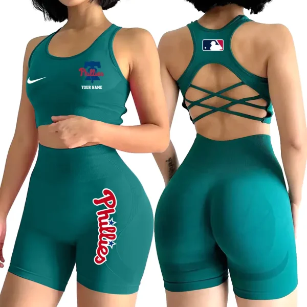Philadelphia Phillies MLB 2-PCS Women's Seamless Yoga Set Sexy Sport Bra High Waist Sports Shorts 2025 SPT2PWSYS085 - Image 4
