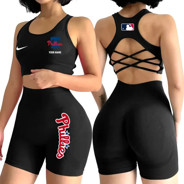 Philadelphia Phillies MLB 2-PCS Women's Seamless Yoga Set Sexy Sport Bra High Waist Sports Shorts 2025 SPT2PWSYS085 - Image 6