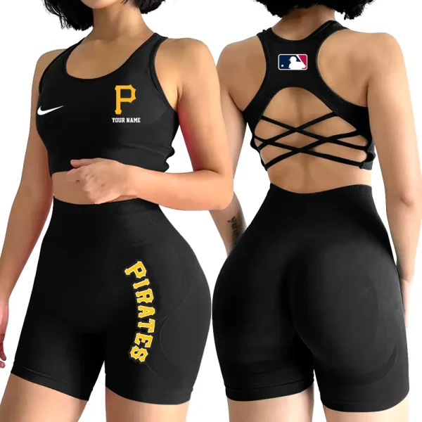 Pittsburgh Pirates MLB 2-PCS Women's Seamless Yoga Set Sexy Sport Bra High Waist Sports Shorts 2025 SPT2PWSYS086 - Image 2