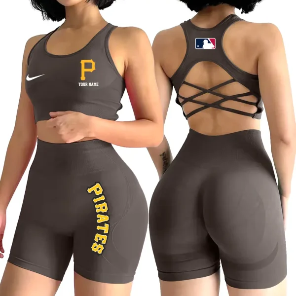 Pittsburgh Pirates MLB 2-PCS Women's Seamless Yoga Set Sexy Sport Bra High Waist Sports Shorts 2025 SPT2PWSYS086 - Image 3
