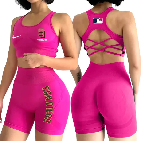 San Diego Padres MLB 2-PCS Women's Seamless Yoga Set Sexy Sport Bra High Waist Sports Shorts 2025 SPT2PWSYS087 - Image 3