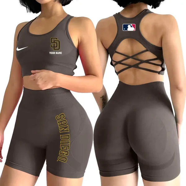 San Diego Padres MLB 2-PCS Women's Seamless Yoga Set Sexy Sport Bra High Waist Sports Shorts 2025 SPT2PWSYS087 - Image 5