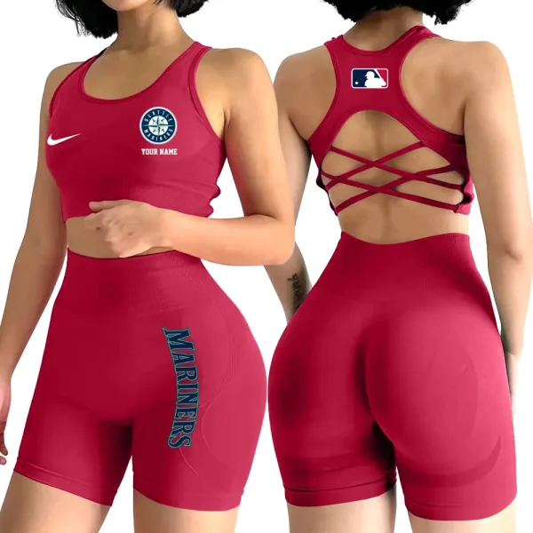 Seattle Mariners MLB 2-PCS Women's Seamless Yoga Set Sexy Sport Bra High Waist Sports Shorts 2025 SPT2PWSYS089 - Image 4