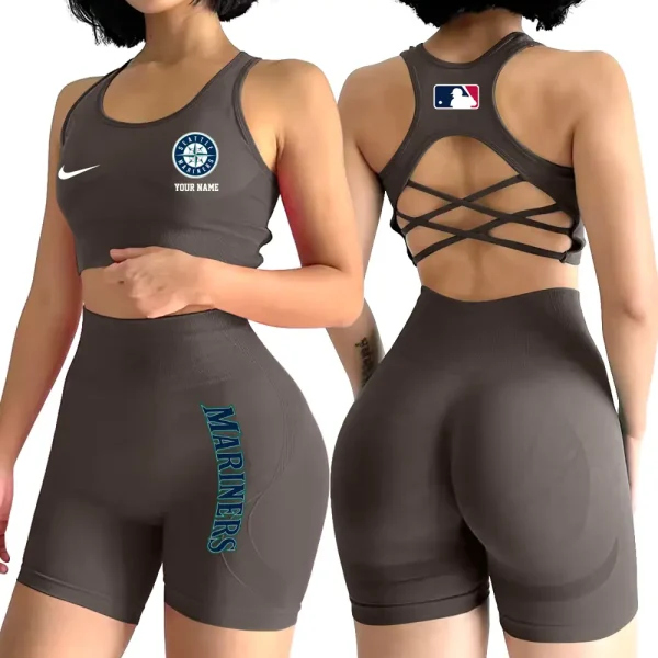 Seattle Mariners MLB 2-PCS Women's Seamless Yoga Set Sexy Sport Bra High Waist Sports Shorts 2025 SPT2PWSYS089 - Image 5