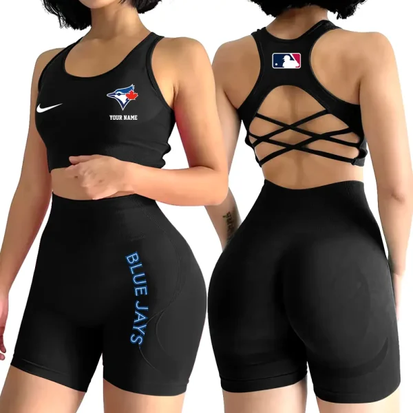 Toronto Blue Jays MLB 2-PCS Women's Seamless Yoga Set Sexy Sport Bra High Waist Sports Shorts 2025 SPT2PWSYS093 - Image 6