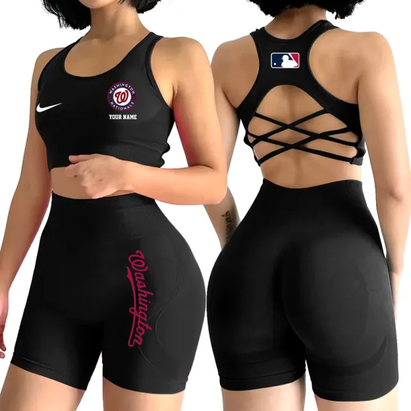 Washington Nationals MLB 2-PCS Women's Seamless Yoga Set Sexy Sport Bra High Waist Sports Shorts 2025 SPT2PWSYS094 - Image 2