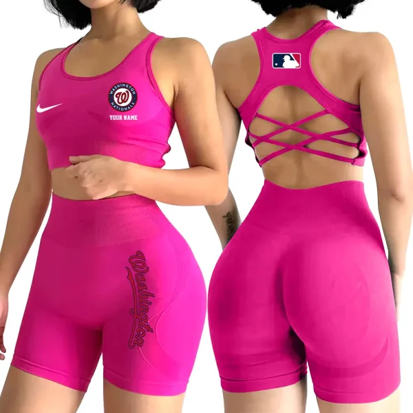 Washington Nationals MLB 2-PCS Women's Seamless Yoga Set Sexy Sport Bra High Waist Sports Shorts 2025 SPT2PWSYS094 - Image 6