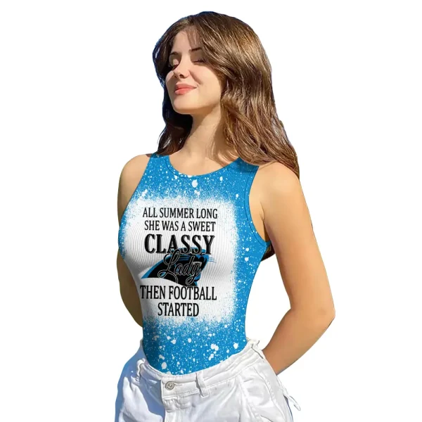 Carolina Panthers Women Sexy Ribbed Sleeveless Halter Neck Bodysuits SPTWSRSHNB005
