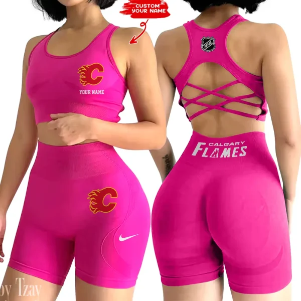 Calgary Flames NHL 2-PCS Women's Seamless Yoga Set Sexy Sport Bra High Waist Sports Shorts 2025 SPT2PWSYS098