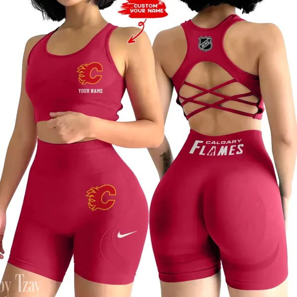 Calgary Flames NHL 2-PCS Women's Seamless Yoga Set Sexy Sport Bra High Waist Sports Shorts 2025 SPT2PWSYS098 - Image 3