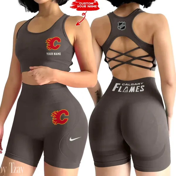Calgary Flames NHL 2-PCS Women's Seamless Yoga Set Sexy Sport Bra High Waist Sports Shorts 2025 SPT2PWSYS098 - Image 5