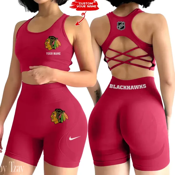 Chicago Blackhawks NHL 2-PCS Women's Seamless Yoga Set Sexy Sport Bra High Waist Sports Shorts 2025 SPT2PWSYS100 - Image 3