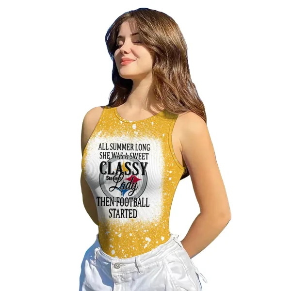 Pittsburgh Steelers Women Sexy Ribbed Sleeveless Halter Neck Bodysuits SPTWSRSHNB027