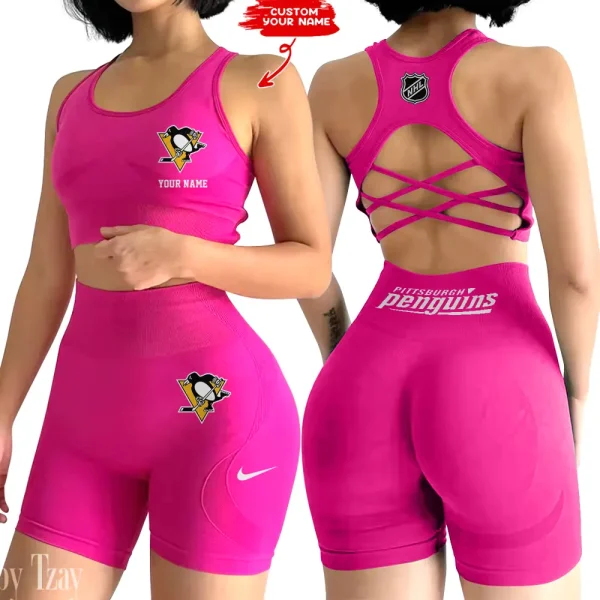 Pittsburgh Penguins NHL 2-PCS Women's Seamless Yoga Set Sexy Sport Bra High Waist Sports Shorts 2025 SPT2PWSYS116 - Image 2