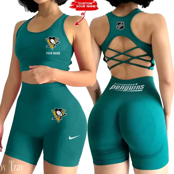 Pittsburgh Penguins NHL 2-PCS Women's Seamless Yoga Set Sexy Sport Bra High Waist Sports Shorts 2025 SPT2PWSYS116 - Image 4