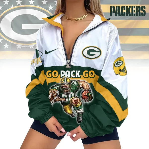 Green Bay Packers Premium Women's Printed V-Neck Zipper Sweatshirt Jackets New 2025 SPTWVNZS012