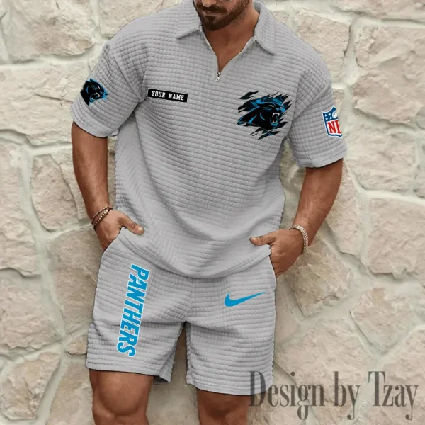 Carolina Panthers Men's Waffle Knit Short Sleeve Slim Fit Soft Summer And Shorts BSPTWHZSS252 - Image 7