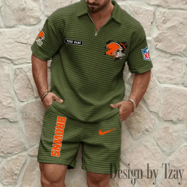 Cleveland Browns Men's Waffle Knit Short Sleeve Slim Fit Soft Summer And Shorts BSPTWHZSS255 - Image 3