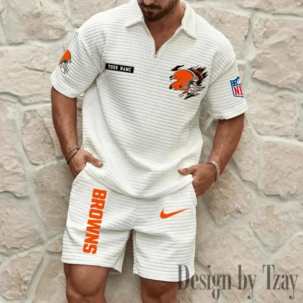 Cleveland Browns Men's Waffle Knit Short Sleeve Slim Fit Soft Summer And Shorts BSPTWHZSS255 - Image 4