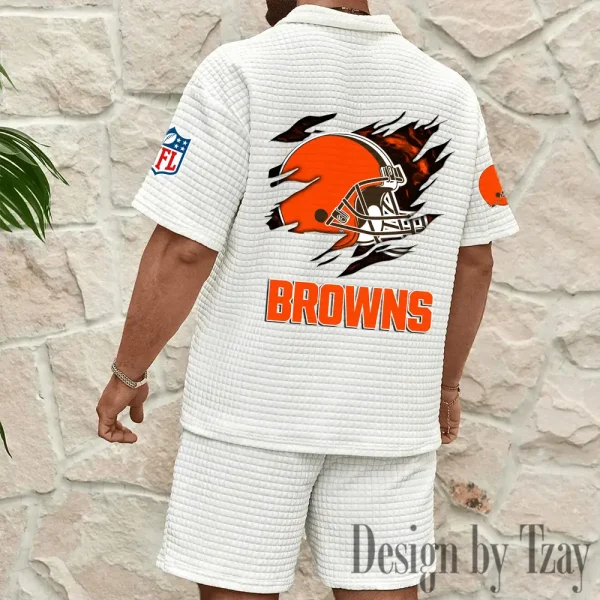Cleveland Browns Men's Waffle Knit Short Sleeve Slim Fit Soft Summer And Shorts BSPTWHZSS255 - Image 5
