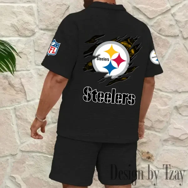 Pittsburgh Steelers Men's Waffle Knit Short Sleeve Slim Fit Soft Summer And Shorts BSPTWHZSS274 - Image 3