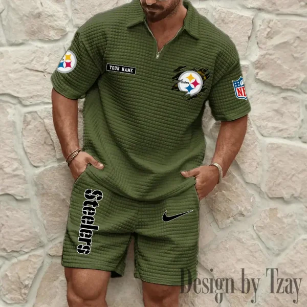 Pittsburgh Steelers Men's Waffle Knit Short Sleeve Slim Fit Soft Summer And Shorts BSPTWHZSS274 - Image 7