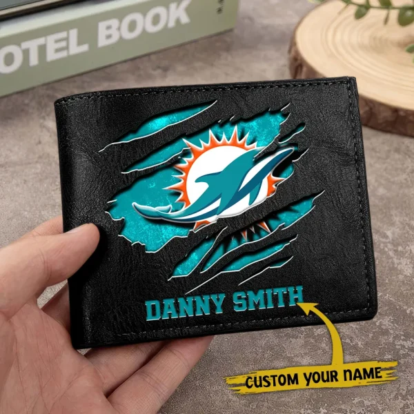 Miami Dolphins Men Leather Horizontal Wallet For Fans, Gifts For Football Lovers SPTLHTW052