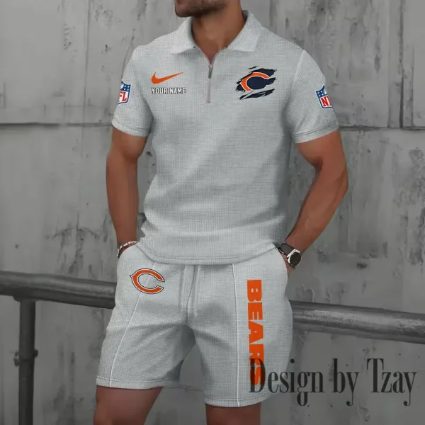 Chicago Bears New Summer Waffle Zip-up Lapel Short-Sleeve Suit Sets SPTWZSSSTS006 - Image 2