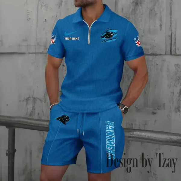 Carolina Panthers New Summer Waffle Zip-up Lapel Short-Sleeve Suit Sets SPTWZSSSTS005 - Image 2