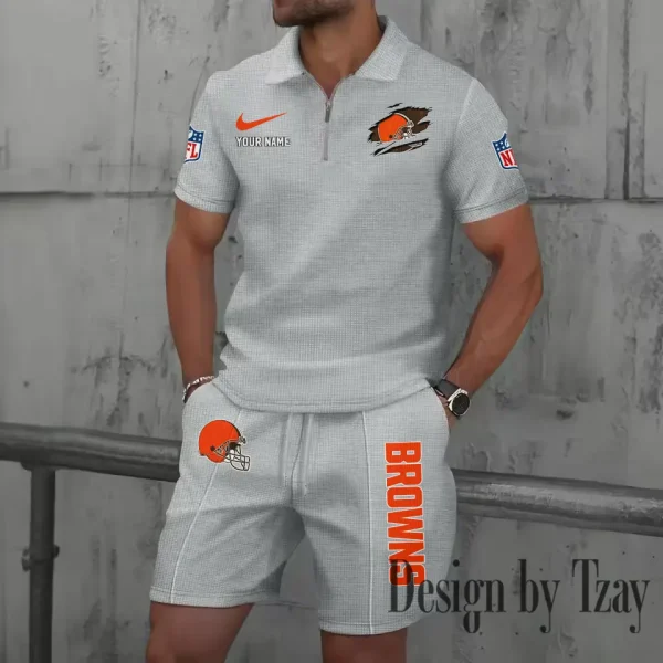 Cleveland Browns New Summer Waffle Zip-up Lapel Short-Sleeve Suit Sets SPTWZSSSTS008 - Image 2